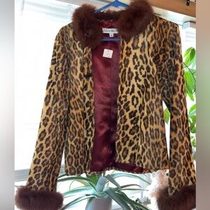 Leopard Print Jacket with Brown Fur Trim